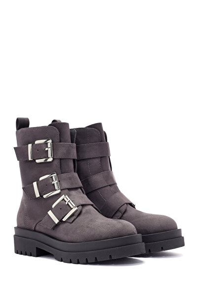 Derimod Women's Gray Zippered Belt Detailed Suede Boots 24Wfe 402010