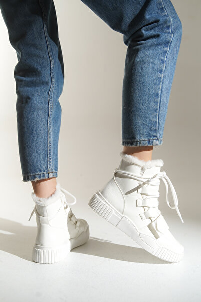 HVZ Exclusive Beyaz Kadın Bot Bağcıklı Cırtlı Kışlık Kar Botu Okul, Günlük Bot Kikas Kar Botu Uludağ Botu