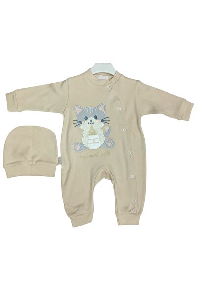 GİRL EMELY Baby Jumpsuit with Hat 100% Cotton Cat Embroidered Solid Color