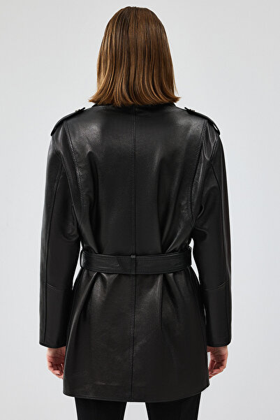 Derimod Black Double Breasted Collar Venus Leather Women's Jacket - 24Wgd5216Ft