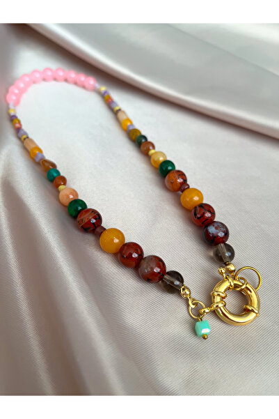 SOFT Özel Tasarım Renkli Doğal Taş ve Kristal Cam Boncuklu Kolye Çelik Gemici Kilitli