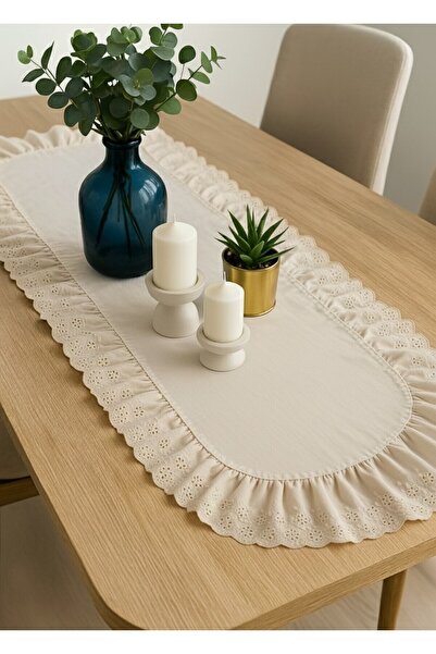 minoshes %100 Pamuklu Ham Keten Dekoratif Fisto Fırfırlı Oval Runner 40x140 cm