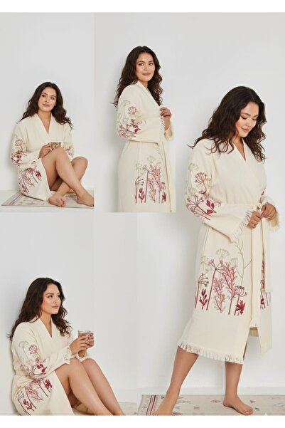 SEMTEKSTİL Müslin Kumaş %100 Pamuklu Desenli Cepli Kimono Sabahlık Bornoz