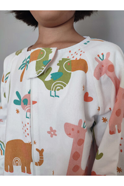 RUKİYE YAVUZ Pamuk Pazen Kollu Çocuk Uyku Tulumu %100 Pamuk Çift Kat Pazen 20-24 Derece 1 Tog Geniş ve Uzun Kalıp Zürafa