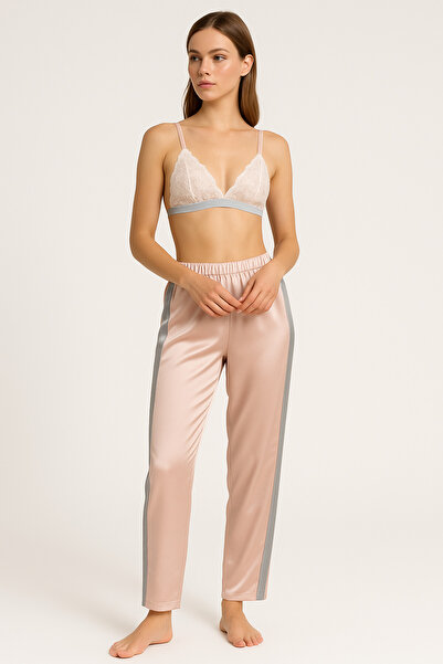 cherry queen Kadın Premium Saten Sabahlık ve Pijama Takımı – Pudra Pembe, Dantelli Braletli 3’lü Set