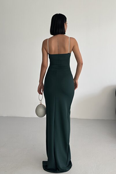 ALFUDO Moda Collection Scuba Kumaş Askı Taş Detay Ince Askılı Yırtmaçlı Abiye Elbise Zümrüt