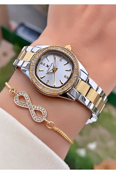 Daniel Klein Yellow Silver Colored Women's Wristwatch and Bracelet Gift