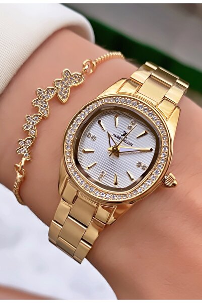 Daniel Klein ساعة يد نسائية بأحجار ذهبية اللون - علبة صغيرة، سوار هدية