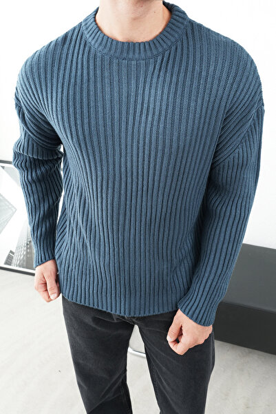 İLKCET MODA سترة رجالية منخفضة الكتفين قصة فضفاضة باللون النيلي السميك F قماش...