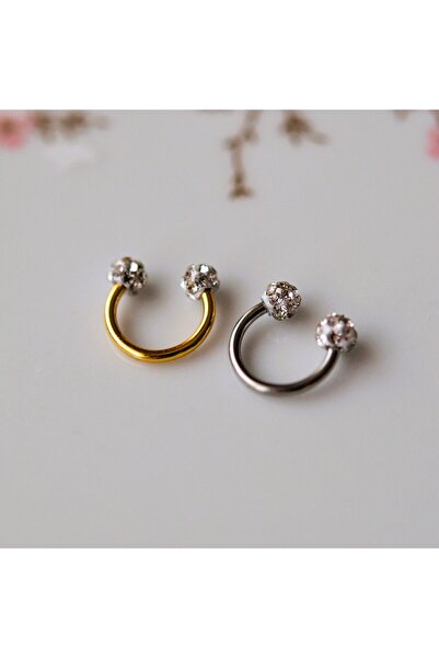 Heppii 8 mm Gold İki Ucu Taşlı Cerrahi Çelik Tragus Helix Piercing Kıkırdak Septum