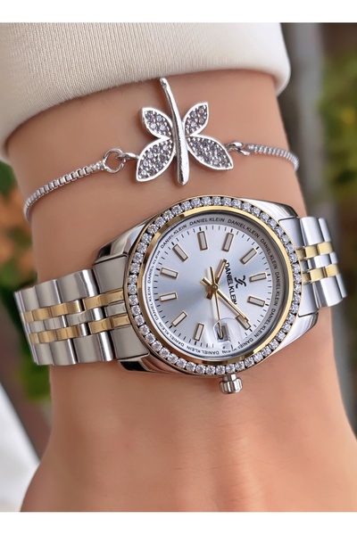 Daniel Klein Brand Yellow Silver Color Women's Wristwatch - Bracelet Gift