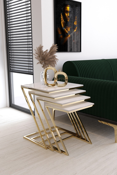 ysnn aksesuar 4’lü Zigon Sehpa TAKIMI GOLD KAPLAMA BEYAZ MEBRAN MDF Salon ve ...