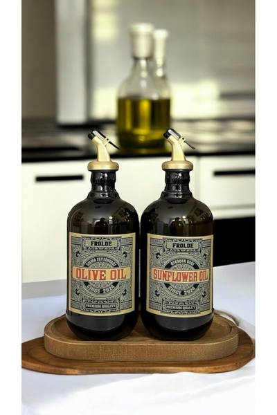 Frolde Ahşap Stantlı 2’li Gold Altın Tıpalı Amber 500 ml Ayçiçek Yağı Zeytinyağı Şişesi Yağdanlık