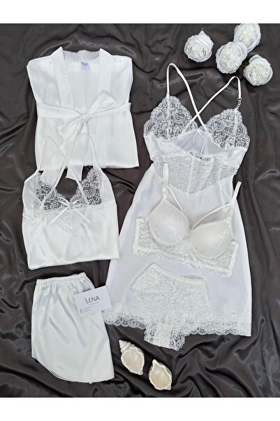 Lena Homewears Ekru Vanessa Kadın Saten Gecelik Sabahlık Çeyiz Seti