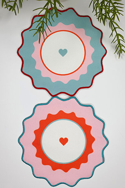 decofav 2'li Mavi Pembe Kalp Baskılı Nakış Kenar Kumaş Kokteyl Peçeteleri