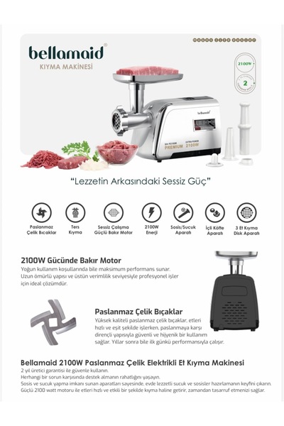 bellamaid 2100W Paslanmaz Çelik Elektrikli Et Kıyma Makinesi – Güçlü Motor, Sessiz Çalışma