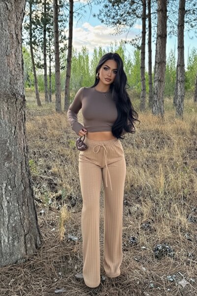 Siner Fashion Women's Beige Thick Ribbed Wide Leg Knit Pants