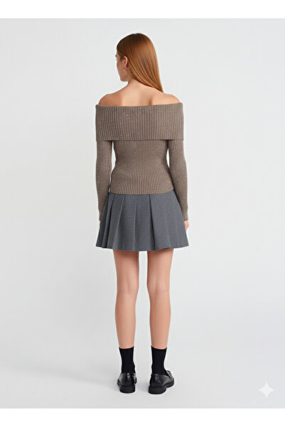 Dilvin 10705 Πλεκτό πουλόβερ με γιακά Bardot με παγιέτες