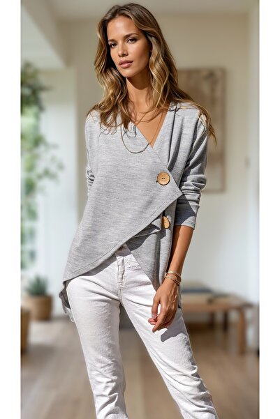 Pasaklı Giyim Women's Gray Asymmetrical Shawl Collar Button Detailed Loose Cardigan 3328264