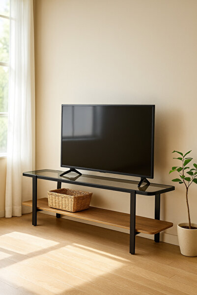 MARIA HOMES حامل تلفزيون عصري بسطح زجاجي مع رف تخزين - 180×40×50 سم