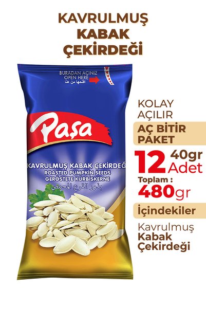 Paşa Kuruyemiş Kavrulmuş Kabak Çekirdeği 480 gr (40 gr x 12 Adet) (Tuzlu Kabak Çekirdeği)