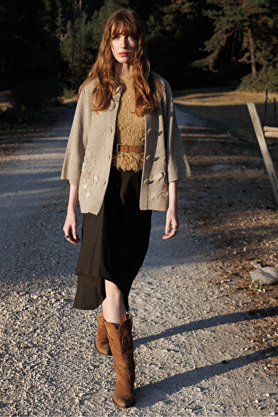 Desen Triko Women's Stand Collar Floral Patterned Short Wool Coat K.Beige