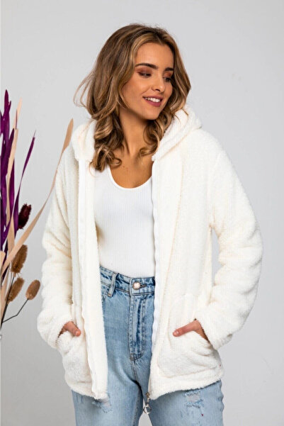 hazelin Жіноча еластична тканина Welsoft Екрю Плюшева м'яка куртка з капюшоно...