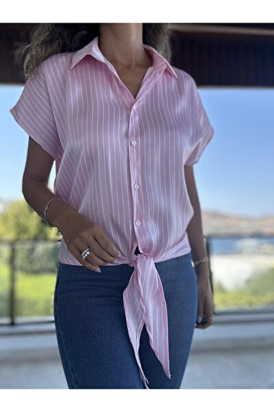 Atelier Derin Pembe Üzeri Beyaz Çizgili Bağlamalı Gömlek