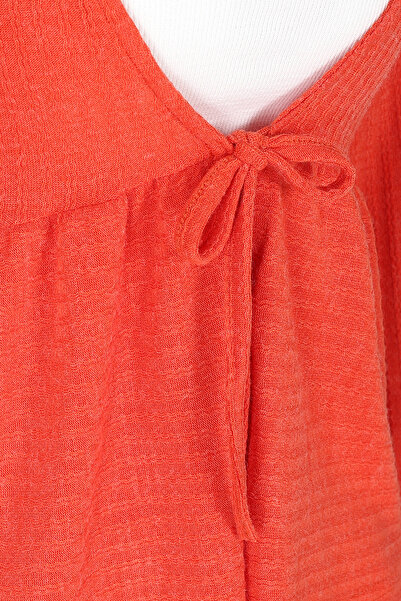 armonika Women's Orange V-Neck Soft Textured Tie-Front Lycra Pants Two-Piece Set Arm-26K001002