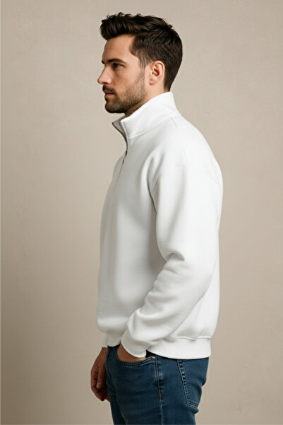 JUSTEVER Ecru Men's Sweatshirt - Stand Collar, Half Zip, Raised, Regular Fit Prime