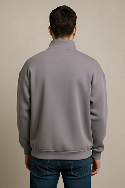 JUSTEVER Regular Fit Stand Collar Semi Zippered Raised Gray Men's Sweatshirt - Prime