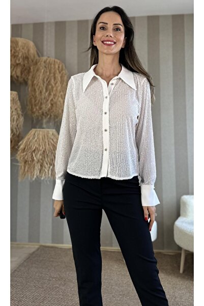 Atelier Derin Beyaz Organze Üzeri Pullu Gömlek