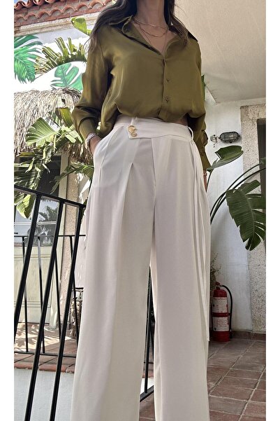 Atelier Derin Düğme Detaylı Tasarım Beyaz Palazzo Pantolon