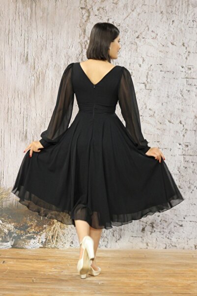 FaBe Fashion Uzun Manşet Kollu Kalp Yaka Beli Tokalı Ve Büzgülü Midi Şifon Elbise Nikah-nişan-söz-dış Çekim