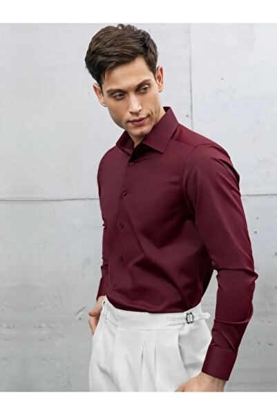 Zikuv Slim Fit Long Sleeve Easy Ironing Sweat Absorbing Breathable Texture Tie-Dye Burgundy Men's Shirt