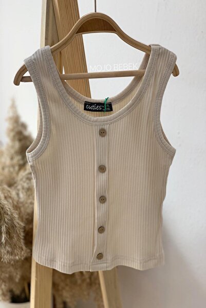 Cuties Girl's Buttoned Strap Crop 3301 Beige