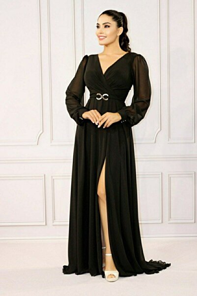 FaBe Fashion Kruvaze Yaka Uzun Kollu Beli Tokalı Yırtmaçlı Şifon Nikah Ve Dış Çekim Abiye Elbisesi