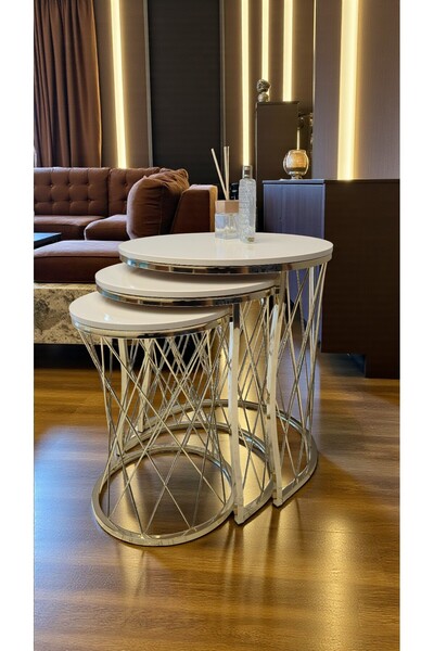 fursimo Aurelia Serisi Gold Metal Örgü Desenli 3’lü Zigon Sehpa – Krem Membran Tabla