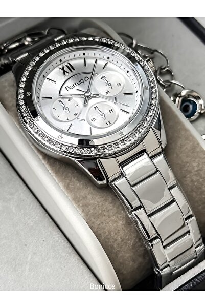 Ferrucci ساعة يد بحزام فولاذي مقاوم للماء باللون الفضي + سوار