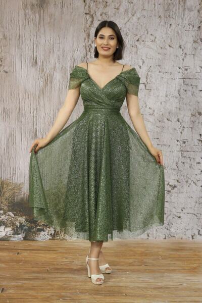 FaBe Fashion Ip Askılı Düşük Kollu Kruvaze Yaka Beli Büzgülü Midi Simli Dantel Mezuniyet-nişan-söz Elbisesi