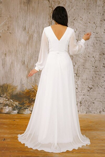 FaBe Fashion Kruvaze Yaka Uzun Kollu Beli Tokalı Yırtmaçlı Şifon Nikah Ve Dış Çekim Abiye Elbisesi