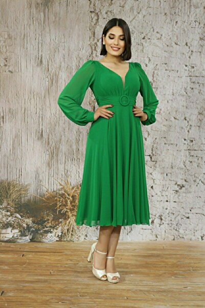 FaBe Fashion Uzun Manşet Kollu Kalp Yaka Beli Tokalı Ve Büzgülü Midi Şifon Elbise Nikah-nişan-söz-dış Çekim