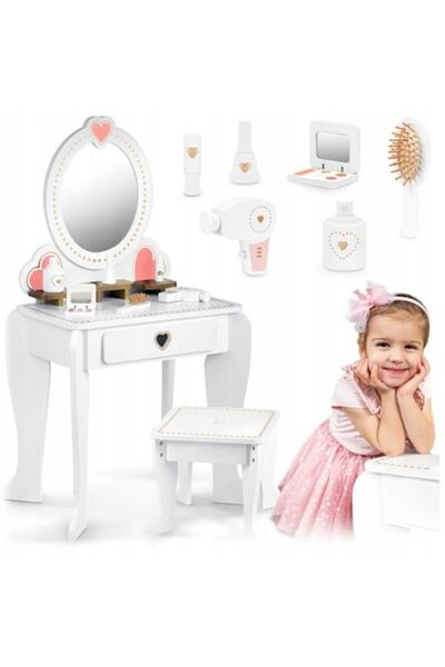 Smart Vibe BellePrincesse KinderVibe™ Wooden Makeup Table with Stool, Pastel White