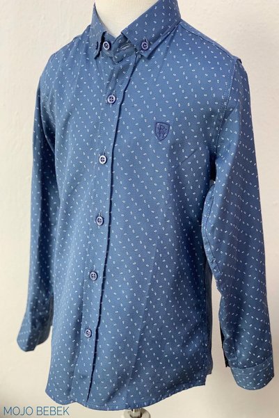 Woorage Boy's Patterned Fold Sleeve Shirt 38000 Blue