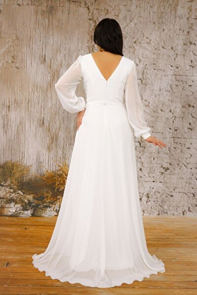 FaBe Fashion Kruvaze Yaka Uzun Kollu Beli Tokalı Yırtmaçlı Şifon Nikah Ve Dış Çekim Abiye Elbisesi