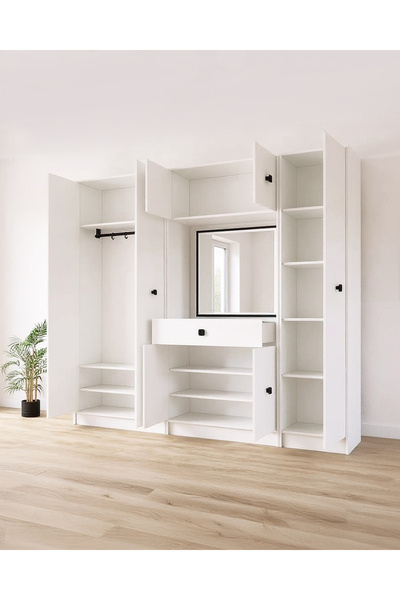 GeKa Mobilya Beyaz Fonksiyonel Portmanto – Aynalı, Çekmeceli ve Dolaplı