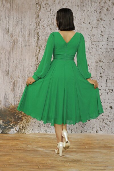 FaBe Fashion Uzun Manşet Kollu Kalp Yaka Beli Tokalı Ve Büzgülü Midi Şifon Elbise Nikah-nişan-söz-dış Çekim