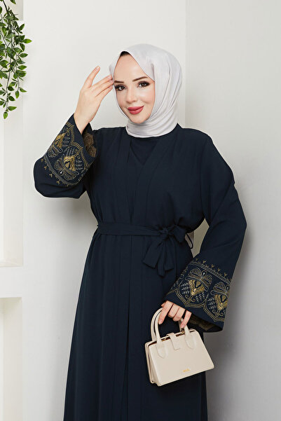 Tesettür Dünyası Σετ Abaya με Κεντητό Εσωτερικό Φόρεμα TSD250197 Navy Blue