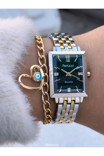 Ferrucci ساعة يد نسائية بزاوية مستطيلة باللون الأصفر والأخضر وسوار مطرز بالعين الشريرة - مع حزام من الفولاذ