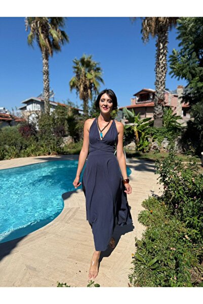 Punta Otantik Pt25071 Shoulder Tie Waist Belted Backless Coton Dress Navy Blue